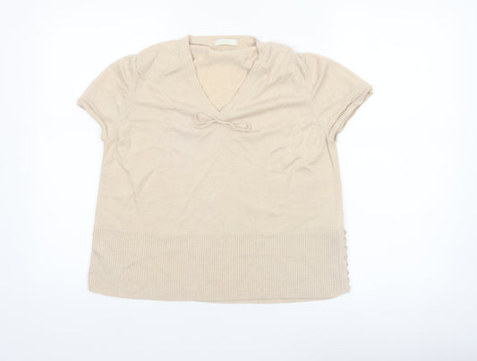 Marks & Spencer Women’s Beige Merino Wool V-Neck Short Sleeve Jumper Size 22