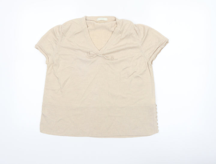 Marks & Spencer Women’s Beige Merino Wool V-Neck Short Sleeve Jumper Size 22