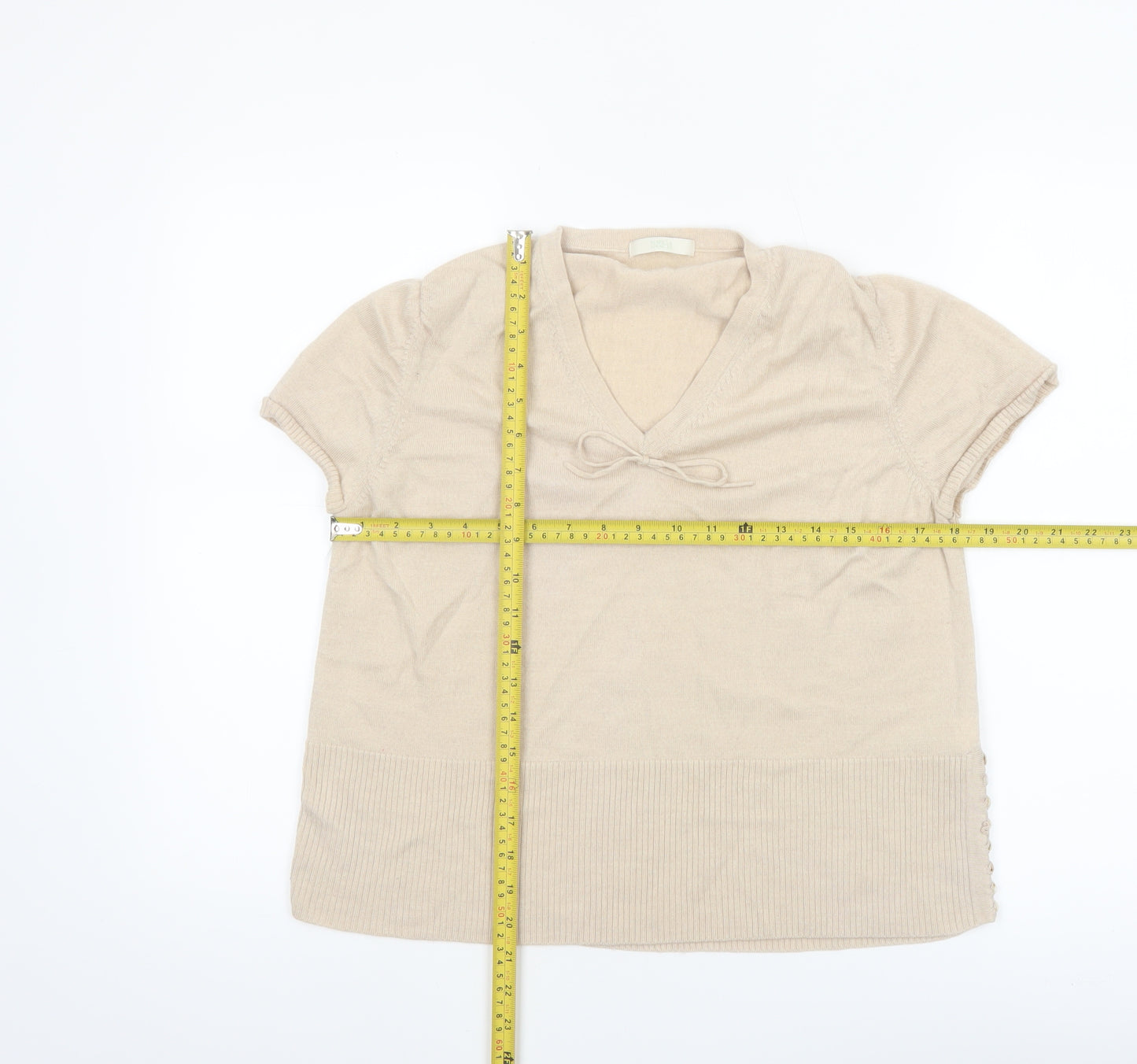 Marks & Spencer Women’s Beige Merino Wool V-Neck Short Sleeve Jumper Size 22