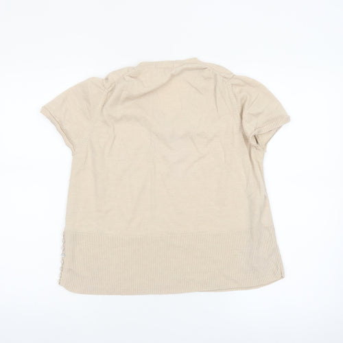 Marks & Spencer Women’s Beige Merino Wool V-Neck Short Sleeve Jumper Size 22