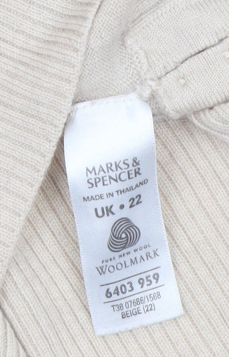 Marks & Spencer Women’s Beige Merino Wool V-Neck Short Sleeve Jumper Size 22