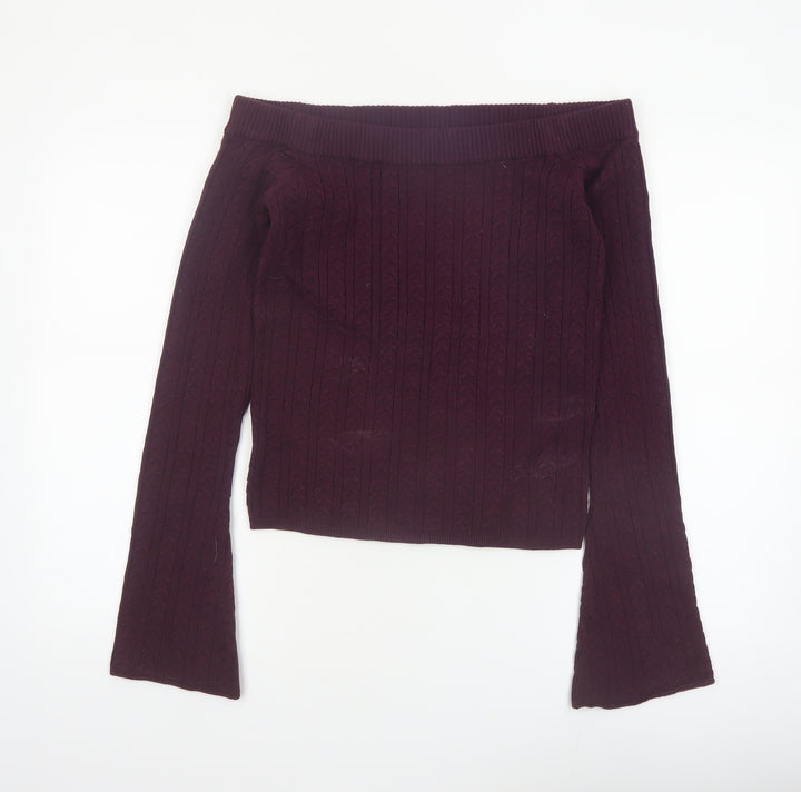 Bershka Womens Purple Cable Knit Off Shoulder Jumper Size 14
