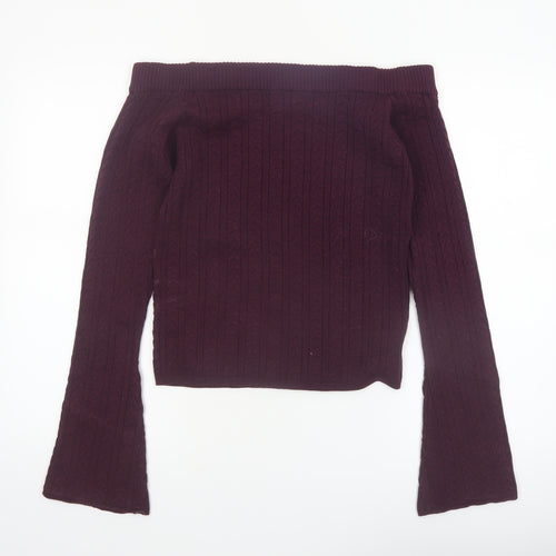 Bershka Womens Purple Cable Knit Off Shoulder Jumper Size 14