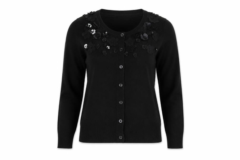 Front view of RJR.John Rocha Women’s Black Beaded Sequin Cardigan, size UK 10
