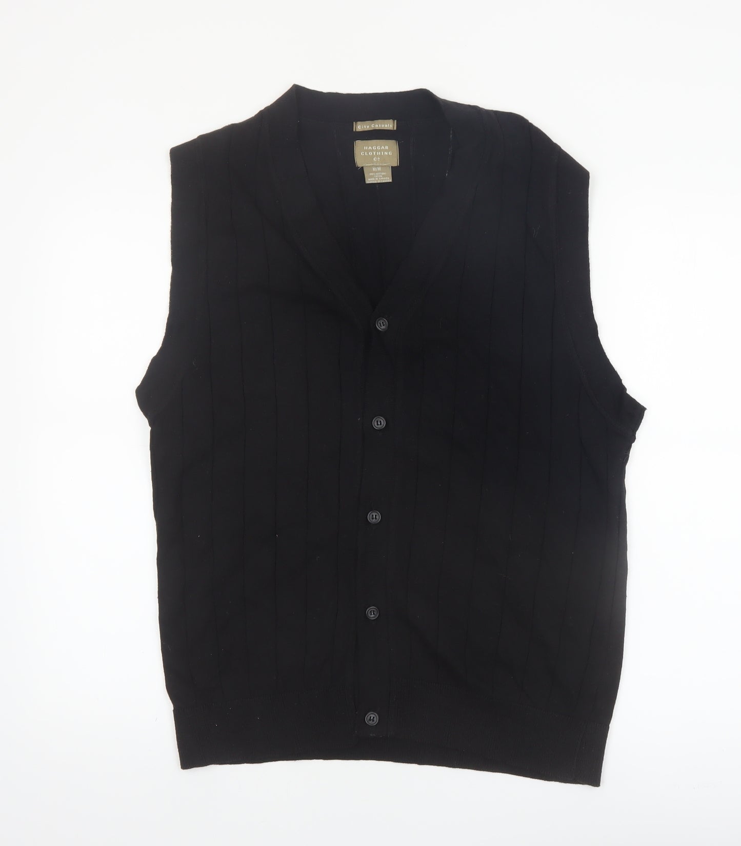 Haggar Men Black Cotton V-Neck Button Knit Vest M