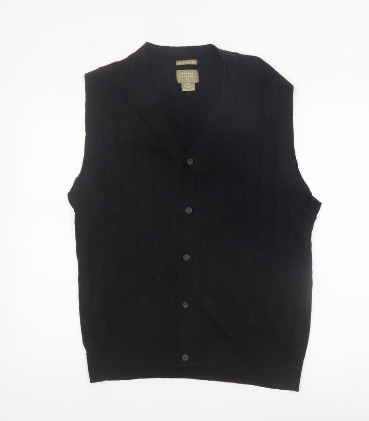 Haggar Men Black Cotton V-Neck Button Knit Vest M