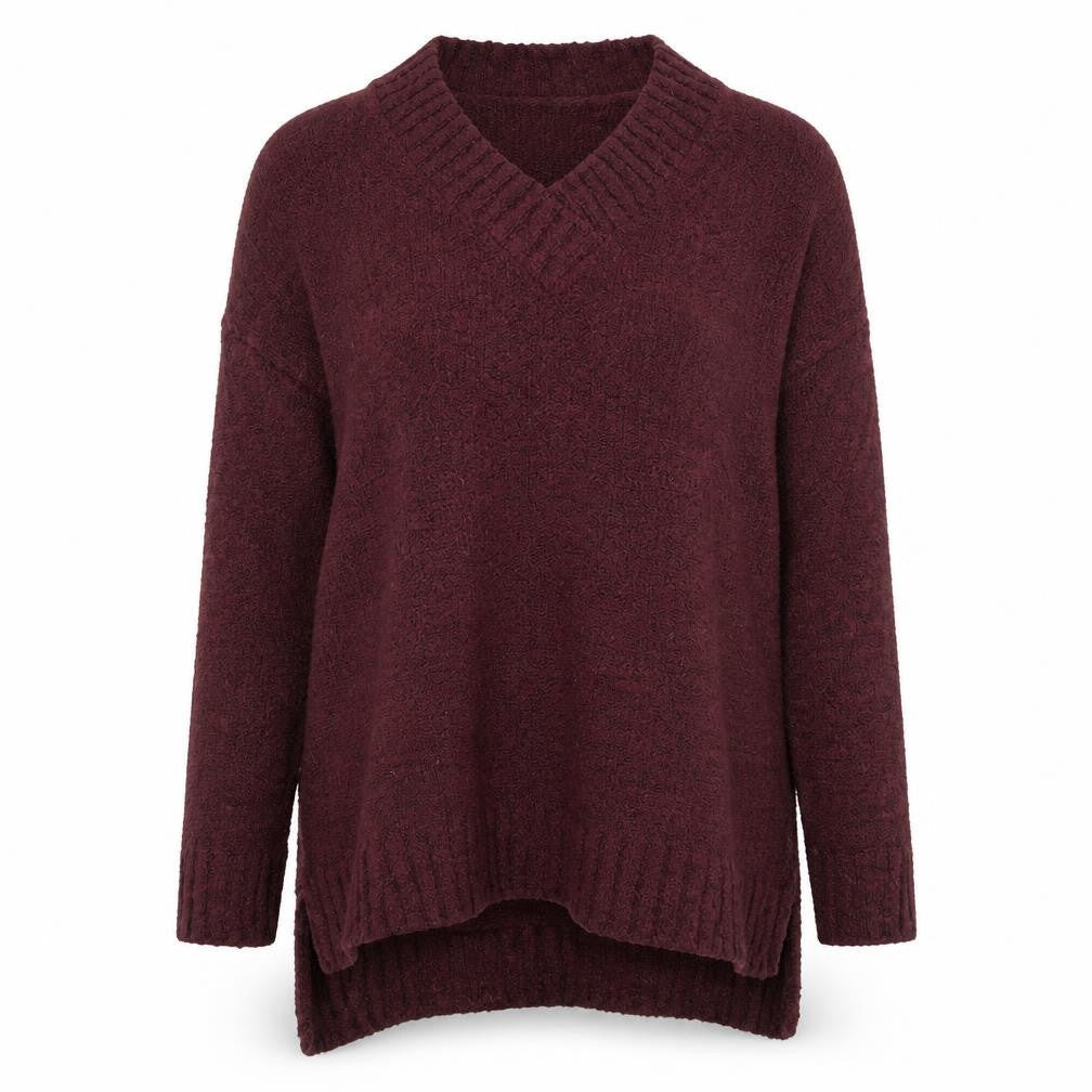 Front view of Cashel women’s red v-neck knit jumper, size S