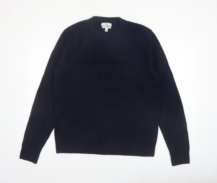 Marks and Spencer Men's Blue Wool Blend Crew Neck Jumper Size M