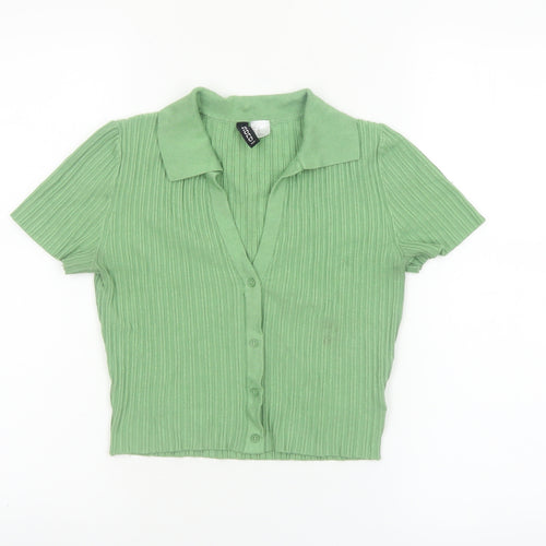 H&M Divided Women's Green Collared Ribbed Cropped Button-Up Top XS