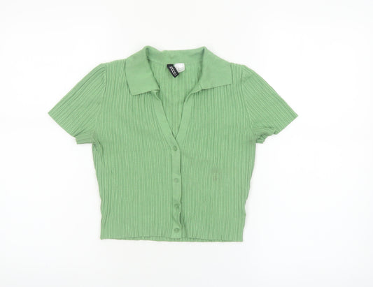 H&M Divided Women's Green Collared Ribbed Cropped Button-Up Top XS
