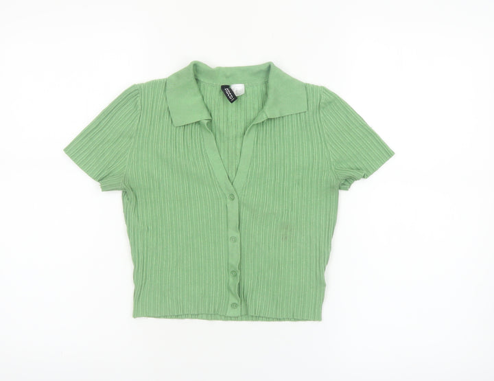 H&M Divided Women's Green Collared Ribbed Cropped Button-Up Top XS