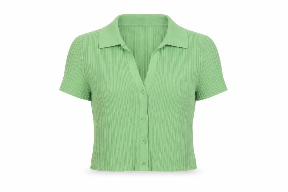 Front view of H&M Divided Women's Green Collared Ribbed Cropped Button-Up Top XS