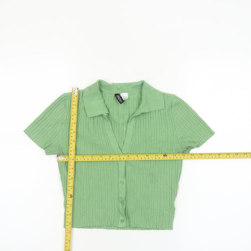 H&M Divided Women's Green Collared Ribbed Cropped Button-Up Top XS