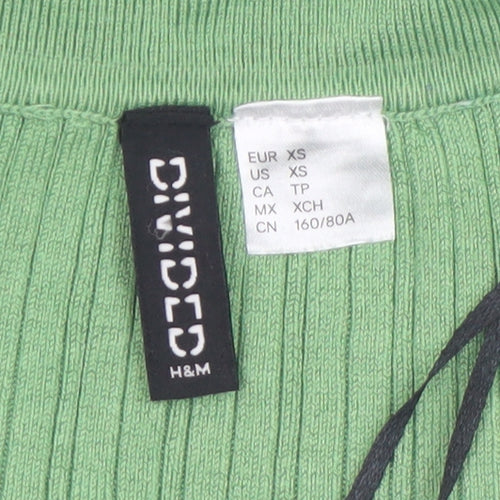 H&M Divided Women's Green Collared Ribbed Cropped Button-Up Top XS