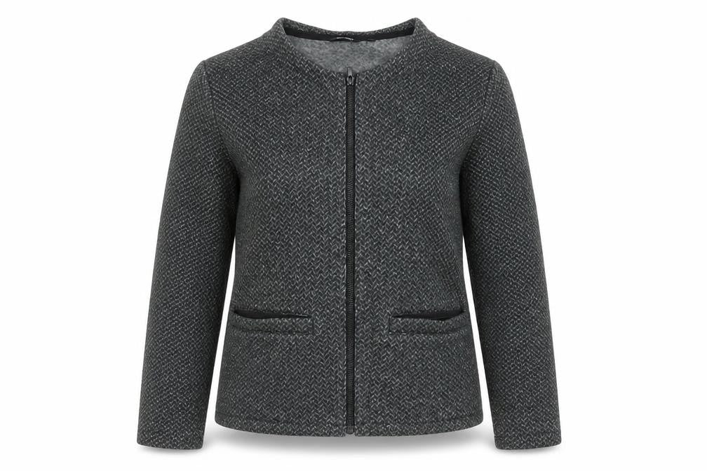 Front view of Rohan women’s grey finnic jacket, size S, full zip lightweight outdoor