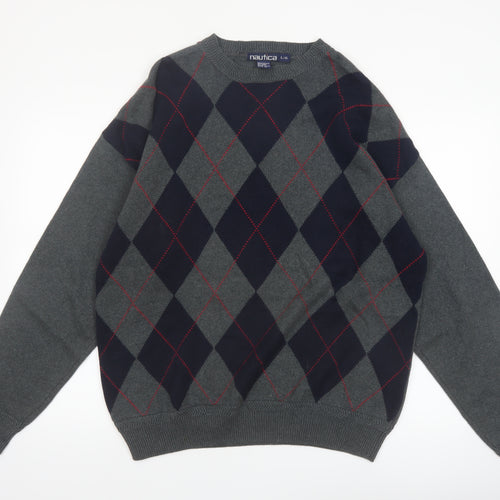 Nautica Men's Grey Argyle Cotton Pullover Jumper Size L