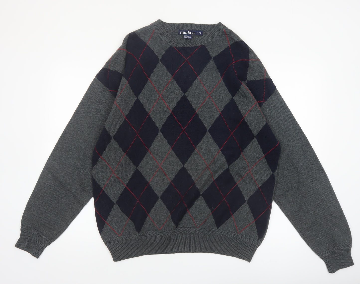 Nautica Men's Grey Argyle Cotton Pullover Jumper Size L