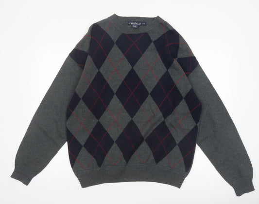 Nautica Men's Grey Argyle Cotton Pullover Jumper Size L