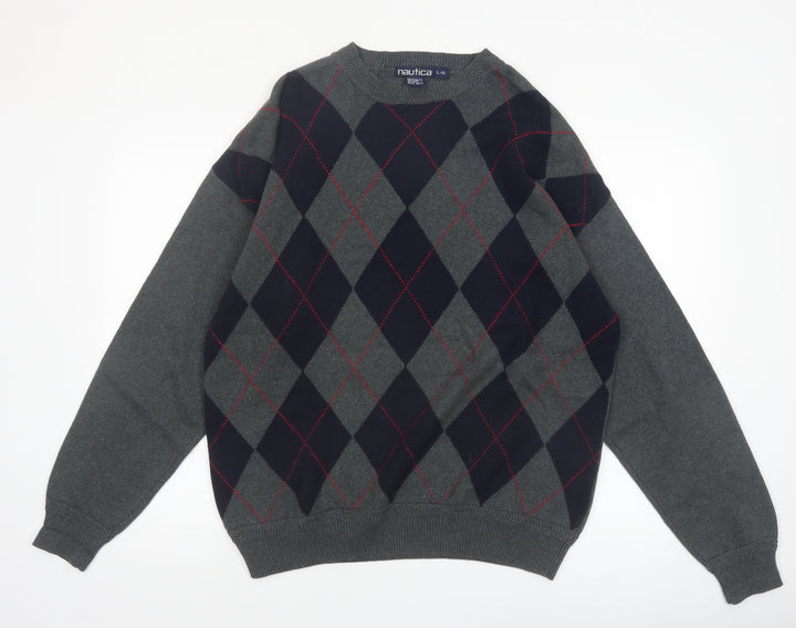 Nautica Men's Grey Argyle Cotton Pullover Jumper Size L
