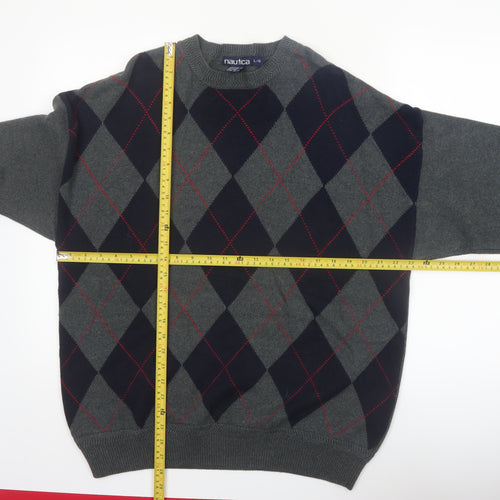 Nautica Men's Grey Argyle Cotton Pullover Jumper Size L