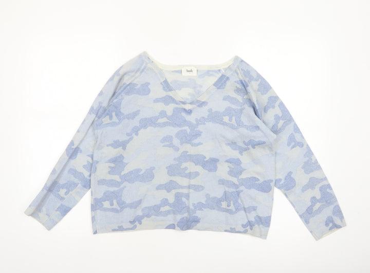 Hush Women’s Blue Camouflage Wool Blend V-Neck Jumper XL