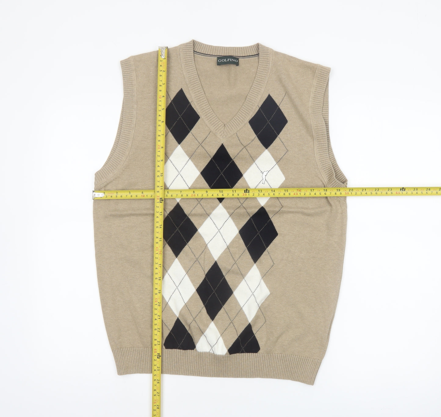 Golfino Men's Beige Argyle V-Neck Sleeveless Cotton Cashmere Golf Vest M