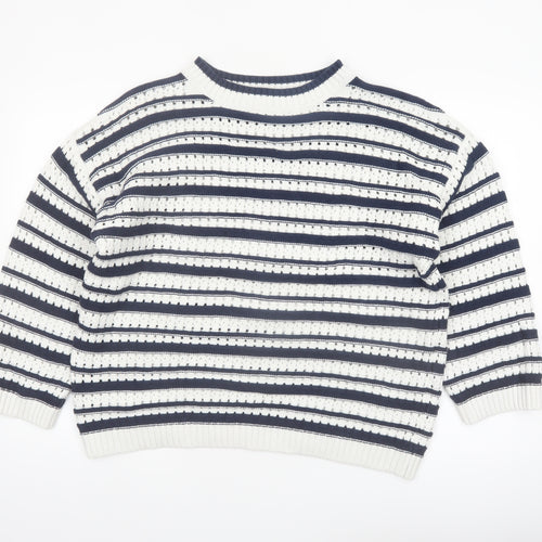 F&F Women’s Navy & White Striped Knit Jumper Size L Crew Neck Pullover