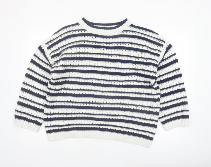 F&F Women’s Navy & White Striped Knit Jumper Size L Crew Neck Pullover
