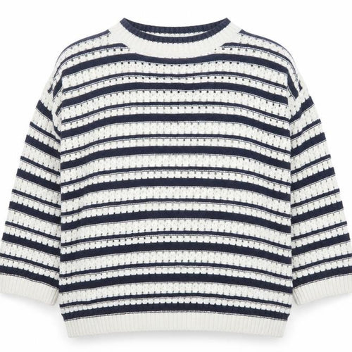 F&F Women’s Navy & White Striped Knit Jumper Size L Crew Neck Pullover
