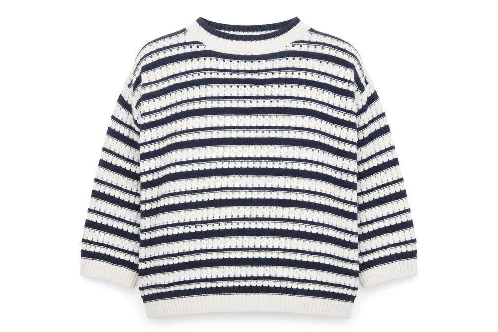 F&F Women’s Navy & White Striped Knit Jumper Size L Crew Neck Pullover