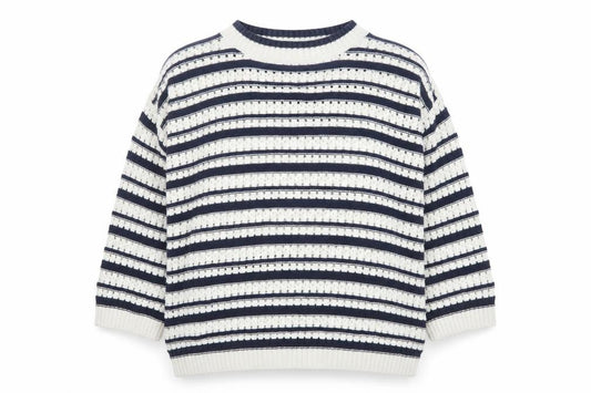 Front view of F&F Women’s Navy & White Striped Knit Jumper, size L, Crew Neck Pullover