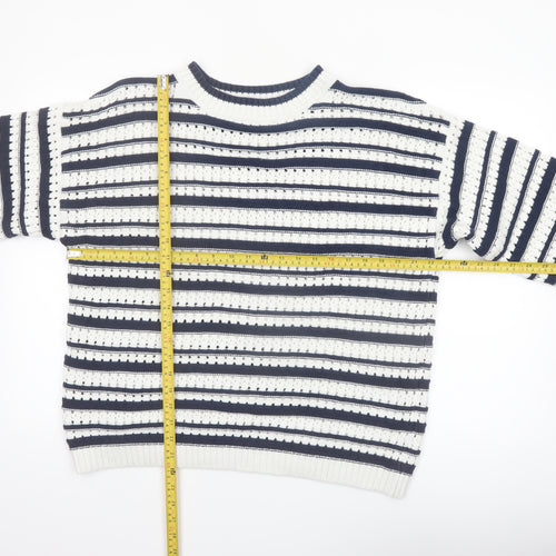 F&F Women’s Navy & White Striped Knit Jumper Size L Crew Neck Pullover