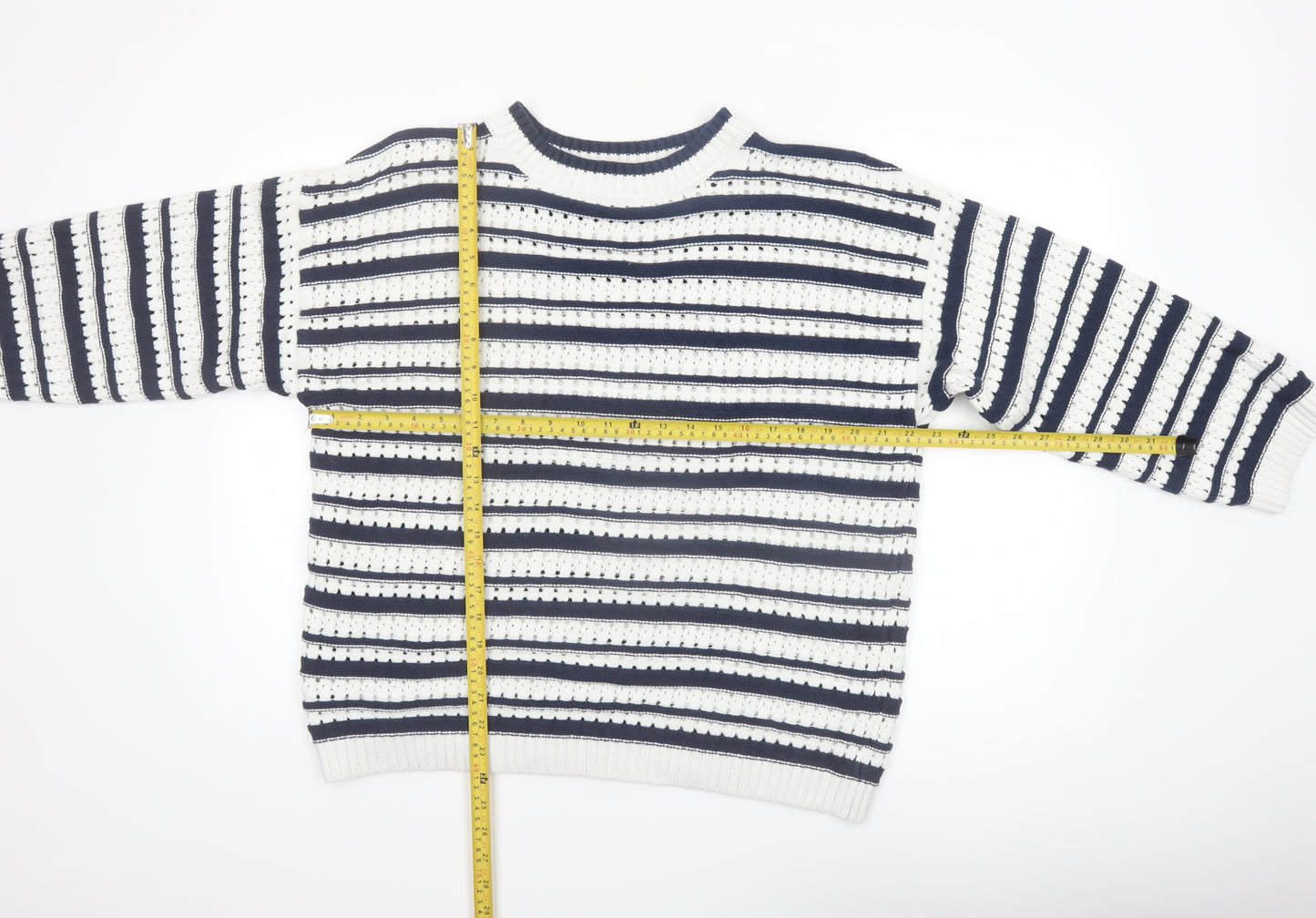 F&F Women’s Navy & White Striped Knit Jumper Size L Crew Neck Pullover