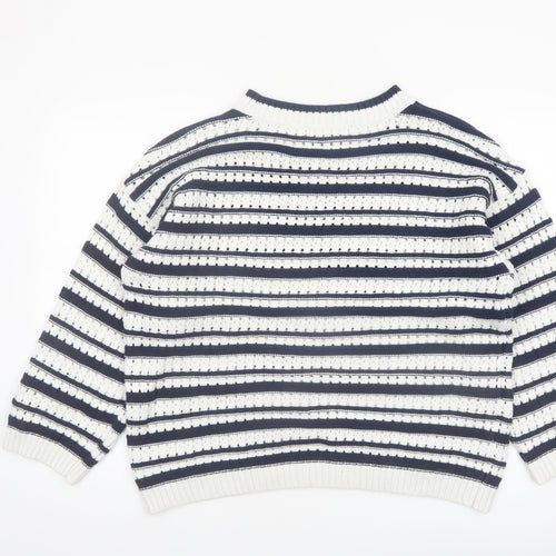 F&F Women’s Navy & White Striped Knit Jumper Size L Crew Neck Pullover
