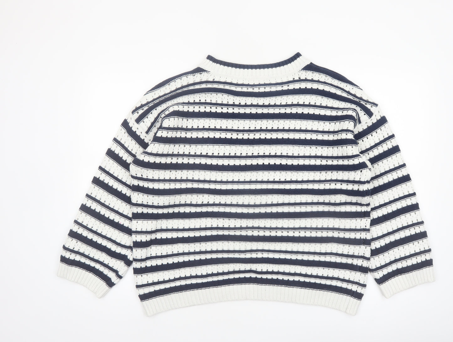 F&F Women’s Navy & White Striped Knit Jumper Size L Crew Neck Pullover
