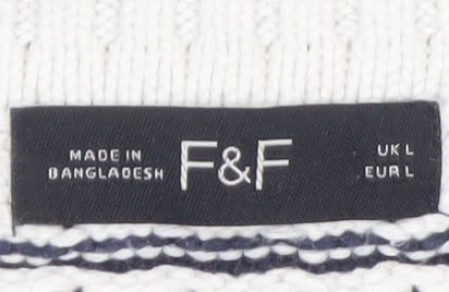 F&F Women’s Navy & White Striped Knit Jumper Size L Crew Neck Pullover