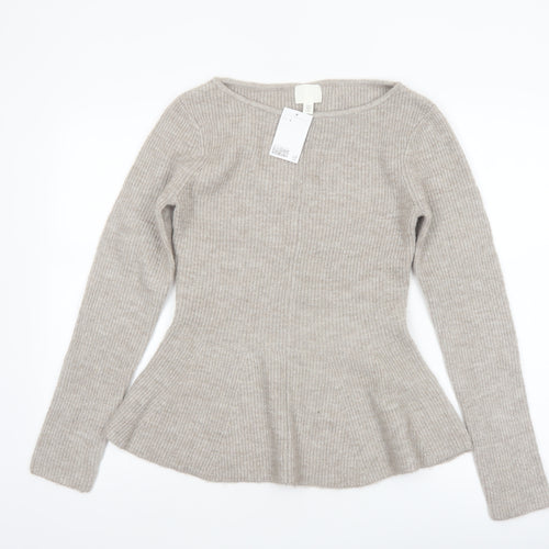 H&M Women Beige Rib-Knit Long Sleeve Pullover Jumper Size 12