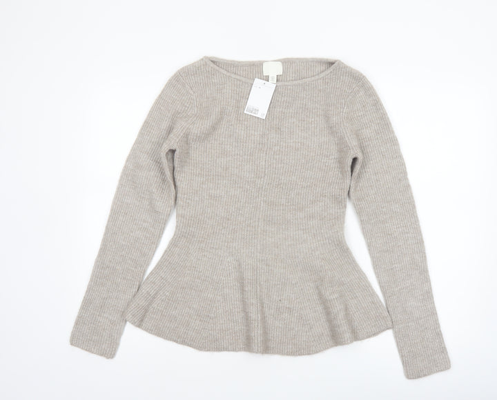 H&M Women Beige Rib-Knit Long Sleeve Pullover Jumper Size 12