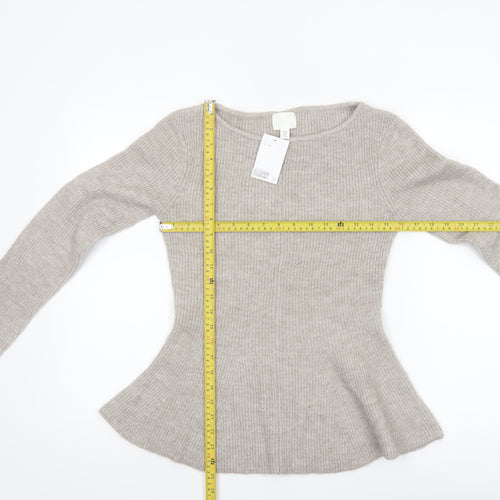 H&M Women Beige Rib-Knit Long Sleeve Pullover Jumper Size 12