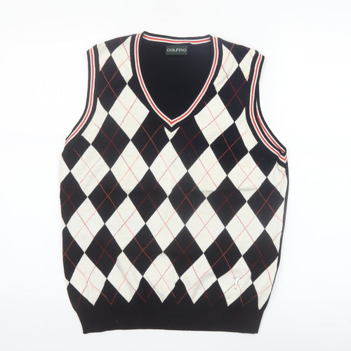 Golfino Womens Black Argyle Knit Cotton V-Neck Sleeveless Vest Size 16