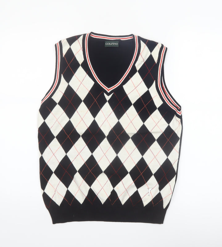 Golfino Womens Black Argyle Knit Cotton V-Neck Sleeveless Vest Size 16