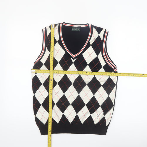 Golfino Womens Black Argyle Knit Cotton V-Neck Sleeveless Vest Size 16