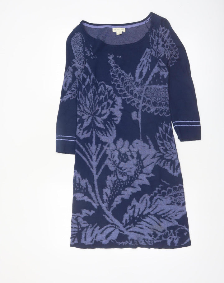 Monsoon Women Blue Floral Knit Shift Dress Size 8