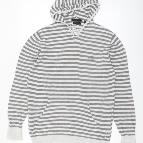 Soviet Men Grey Stripe Hooded Cotton Pullover Jumper M