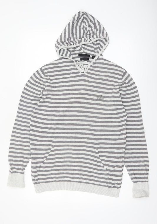 Soviet Men Grey Stripe Hooded Cotton Pullover Jumper M