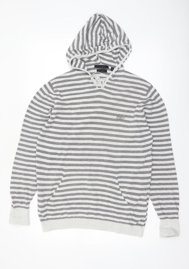 Soviet Men Grey Stripe Hooded Cotton Pullover Jumper M