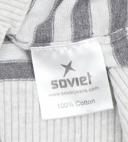 Soviet Men Grey Stripe Hooded Cotton Pullover Jumper M