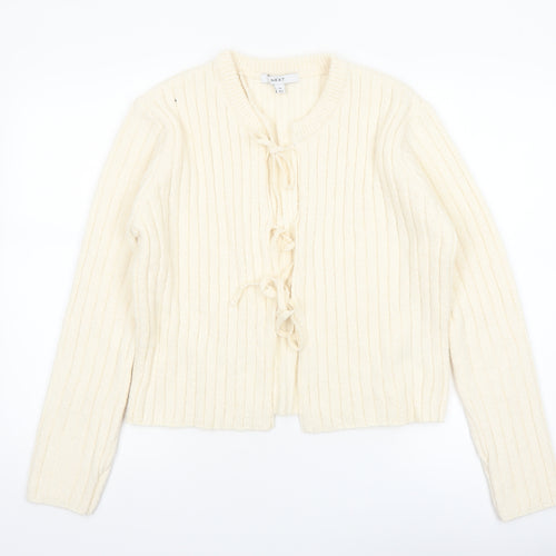 Next Women Ivory Ribbed Knit Tie Front Cardigan Size 14