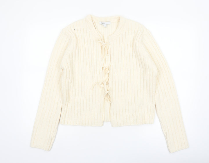 Next Women Ivory Ribbed Knit Tie Front Cardigan Size 14