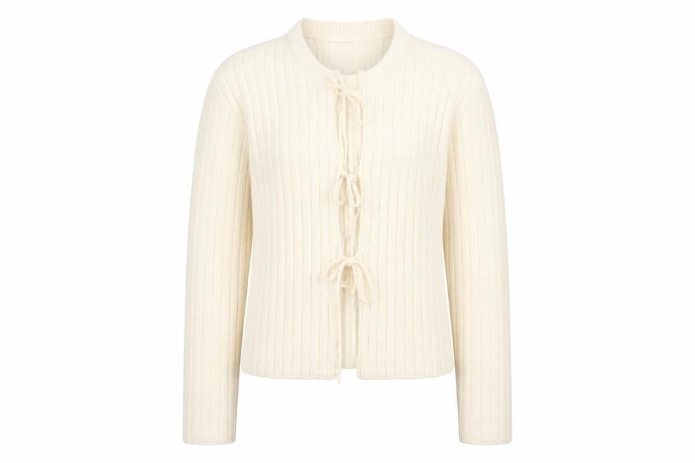 Front view of Next Women Ivory Ribbed Knit Tie Front Cardigan, size 14